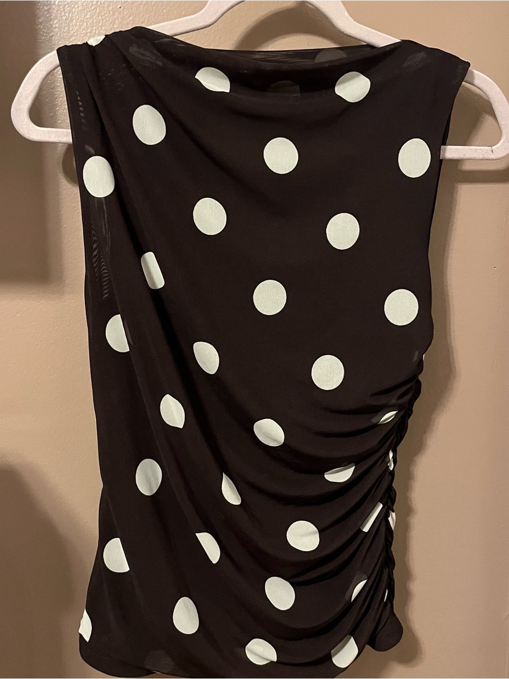 Philosophy Dark Chocolate Brown with White Polka Dots Boat neck drapey tank top